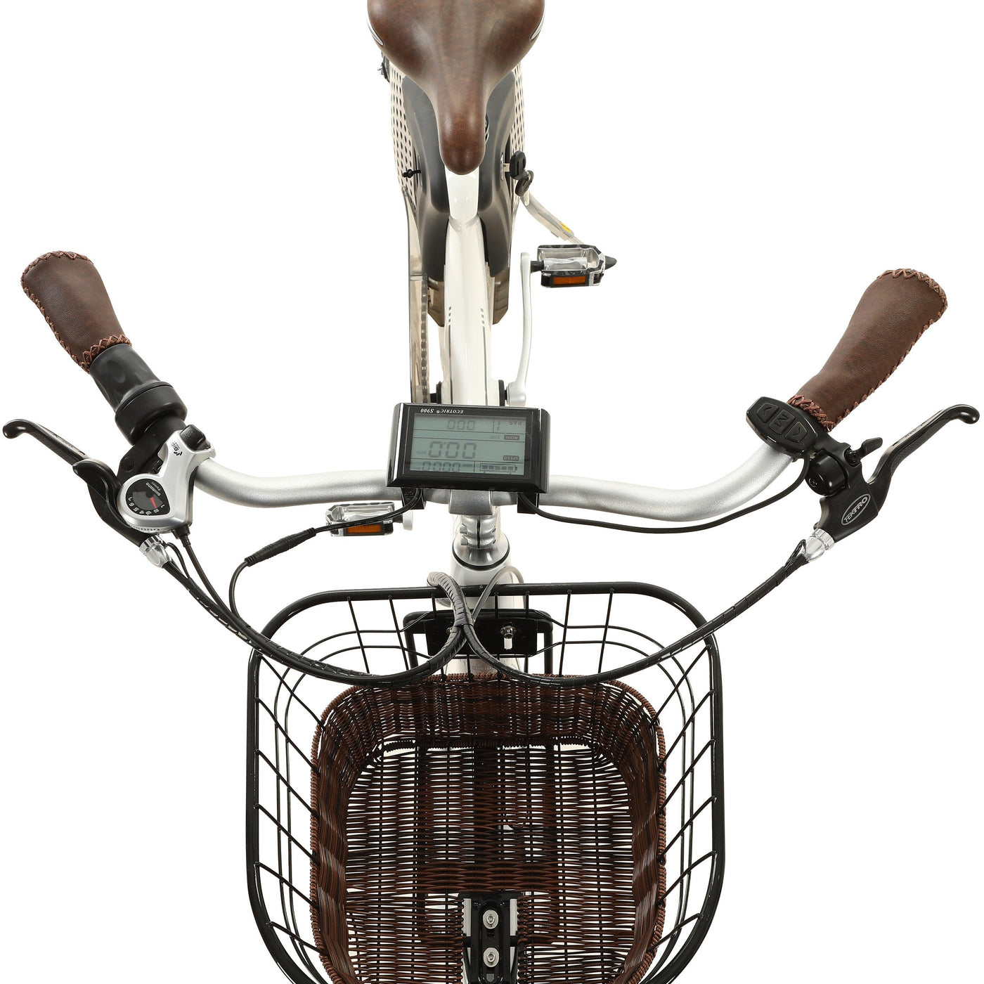 Ecotric White Lark City Bicycle Aerial Display & Basket View